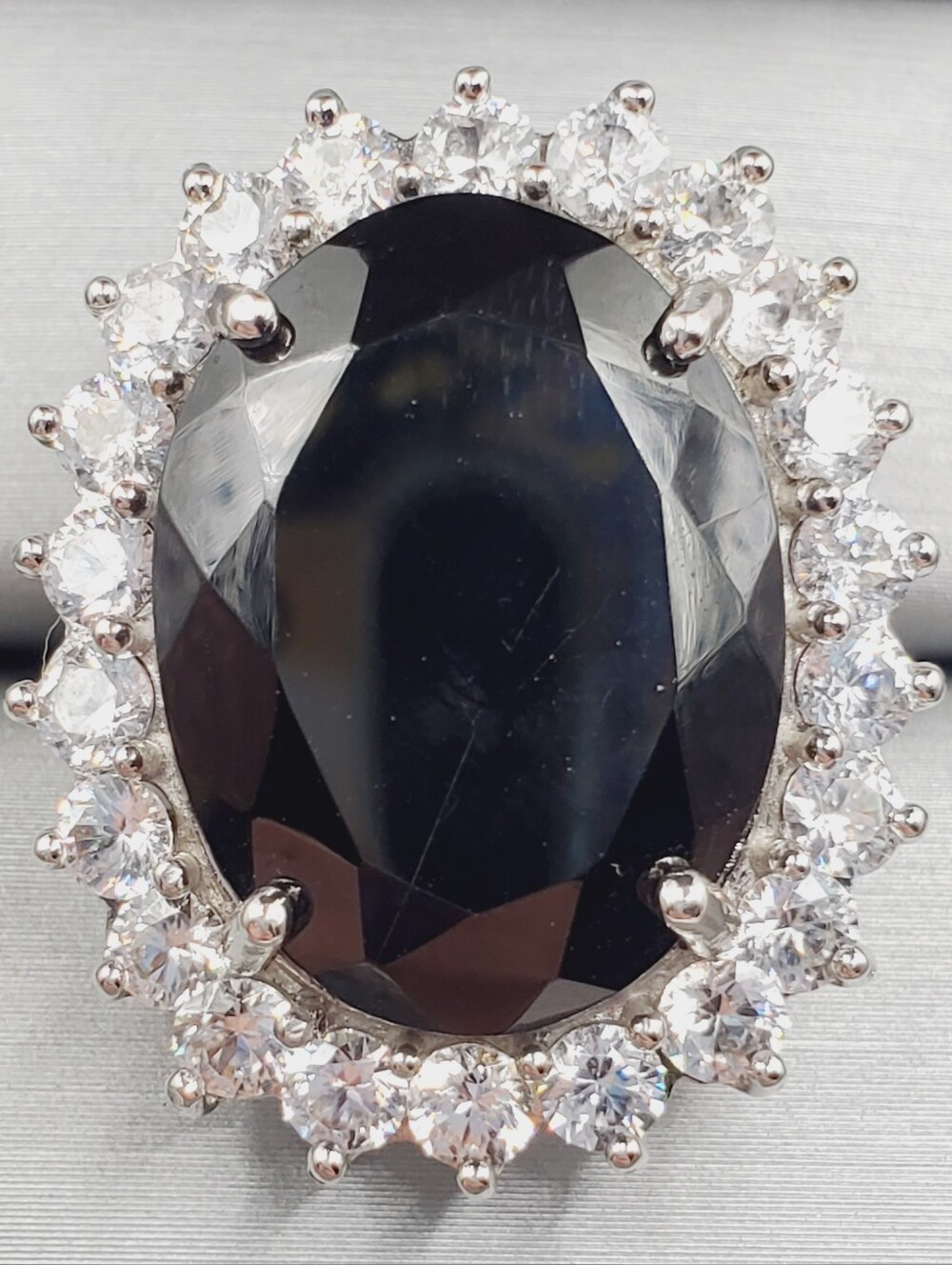 15 Carat Thai Black Spinel & White Zircon Halo Platinum - 925 Silver Ring